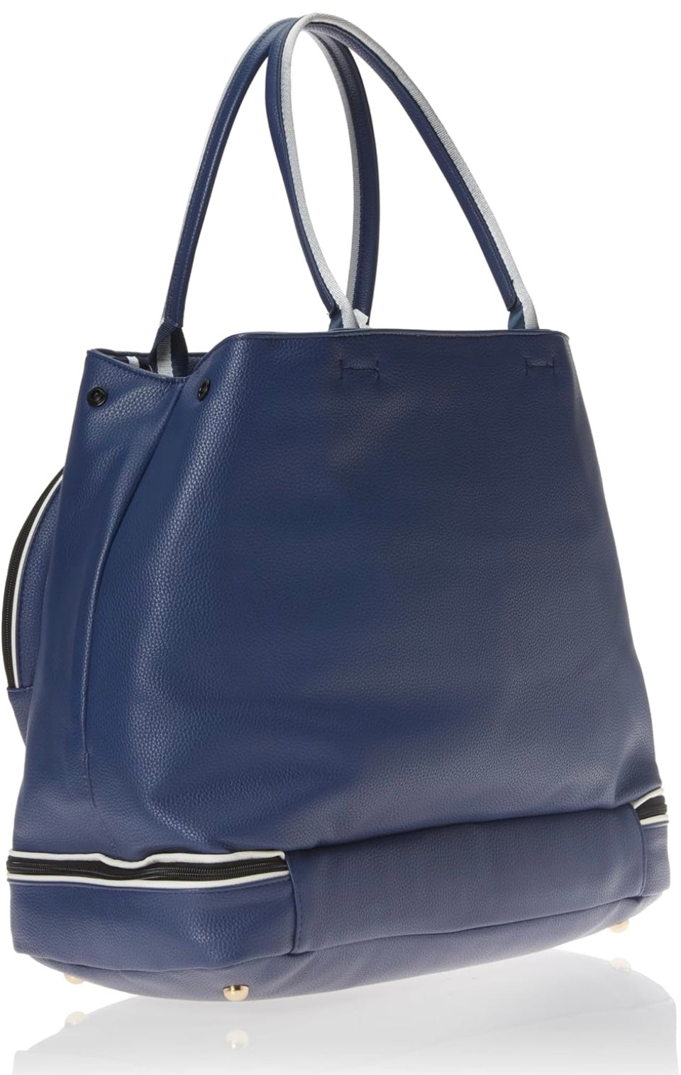 The SamLouise London 77 Tennis Tote from SamLouise is a chic sports tote bag in blue with white accents and a detachable strap. It includes a zippered bottom compartment, an insulated bottle holder, and a cylindrical pouch on the side.