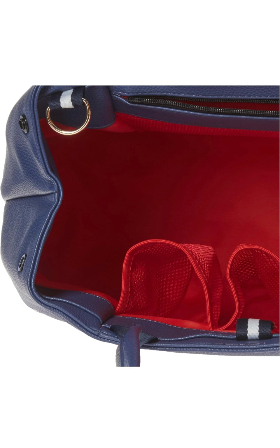 The SamLouise London 77 Tennis Tote from SamLouise is a chic sports tote bag in blue with white accents and a detachable strap. It includes a zippered bottom compartment, an insulated bottle holder, and a cylindrical pouch on the side.