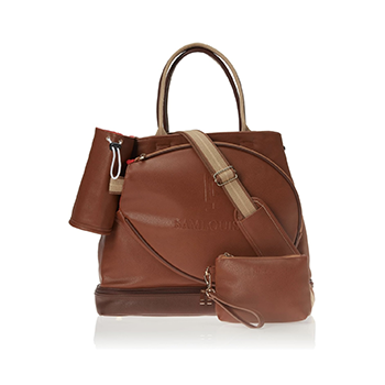 The SamLouise London 77 Tennis Tote from SamLouise is a chic sports tote bag in blue with white accents and a detachable strap. It includes a zippered bottom compartment, an insulated bottle holder, and a cylindrical pouch on the side.