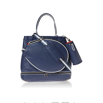 The SamLouise London 77 Tennis Tote from SamLouise is a chic sports tote bag in blue with white accents and a detachable strap. It includes a zippered bottom compartment, an insulated bottle holder, and a cylindrical pouch on the side.