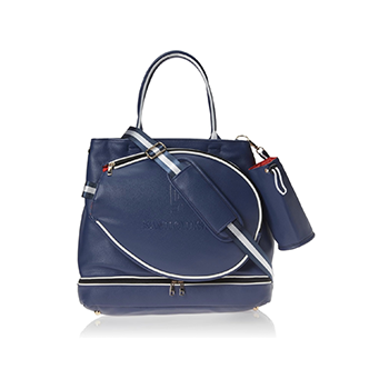 The SamLouise London 77 Tennis Tote from SamLouise is a chic sports tote bag in blue with white accents and a detachable strap. It includes a zippered bottom compartment, an insulated bottle holder, and a cylindrical pouch on the side.