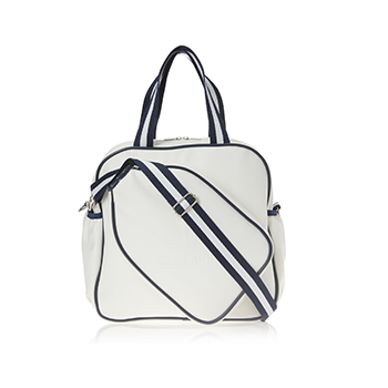 Introducing the SamLouise England 68 Pickleball Bag: a chic red bag crafted from eco-friendly vegan leather. It features zippered pockets and a shoulder strap adorned with white accents, all showcased against a pristine white background.