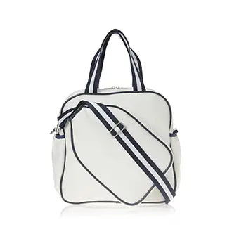 Introducing the SamLouise England 68 Pickleball Bag: a chic red bag crafted from eco-friendly vegan leather. It features zippered pockets and a shoulder strap adorned with white accents, all showcased against a pristine white background.