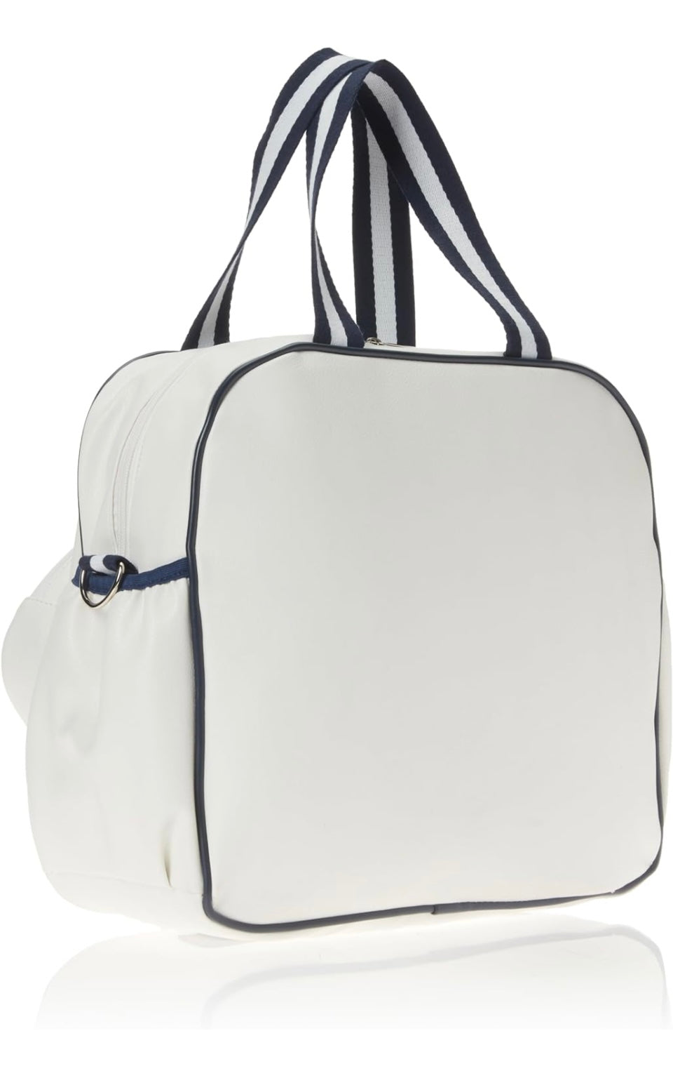 Introducing the SamLouise England 68 Pickleball Bag: a chic red bag crafted from eco-friendly vegan leather. It features zippered pockets and a shoulder strap adorned with white accents, all showcased against a pristine white background.