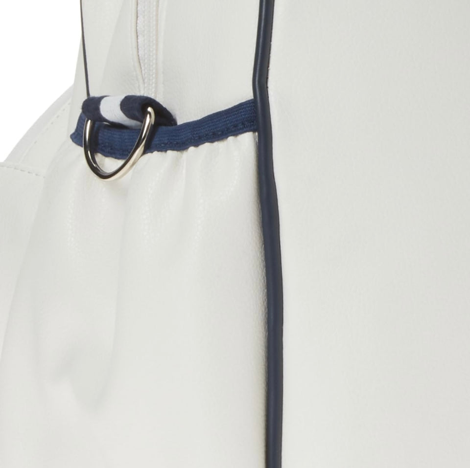 Introducing the SamLouise England 68 Pickleball Bag: a chic red bag crafted from eco-friendly vegan leather. It features zippered pockets and a shoulder strap adorned with white accents, all showcased against a pristine white background.