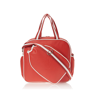Introducing the SamLouise England 68 Pickleball Bag: a chic red bag crafted from eco-friendly vegan leather. It features zippered pockets and a shoulder strap adorned with white accents, all showcased against a pristine white background.
