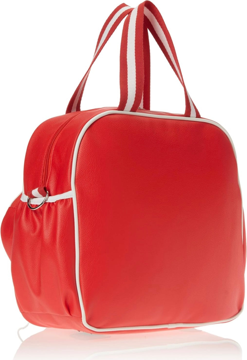 Introducing the SamLouise England 68 Pickleball Bag: a chic red bag crafted from eco-friendly vegan leather. It features zippered pockets and a shoulder strap adorned with white accents, all showcased against a pristine white background.