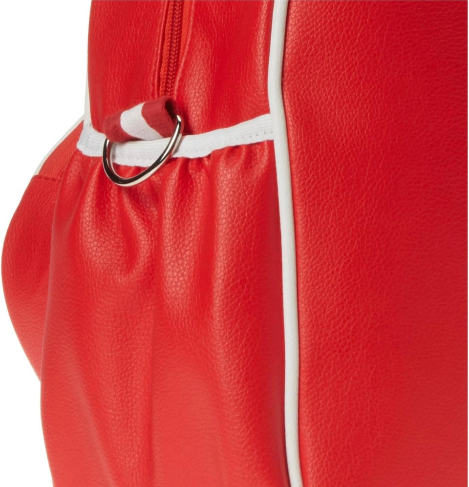 Introducing the SamLouise England 68 Pickleball Bag: a chic red bag crafted from eco-friendly vegan leather. It features zippered pockets and a shoulder strap adorned with white accents, all showcased against a pristine white background.