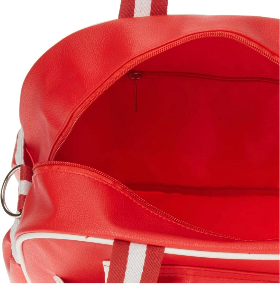 Introducing the SamLouise England 68 Pickleball Bag: a chic red bag crafted from eco-friendly vegan leather. It features zippered pockets and a shoulder strap adorned with white accents, all showcased against a pristine white background.
