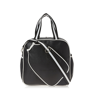 Introducing the SamLouise England 68 Pickleball Bag: a chic red bag crafted from eco-friendly vegan leather. It features zippered pockets and a shoulder strap adorned with white accents, all showcased against a pristine white background.