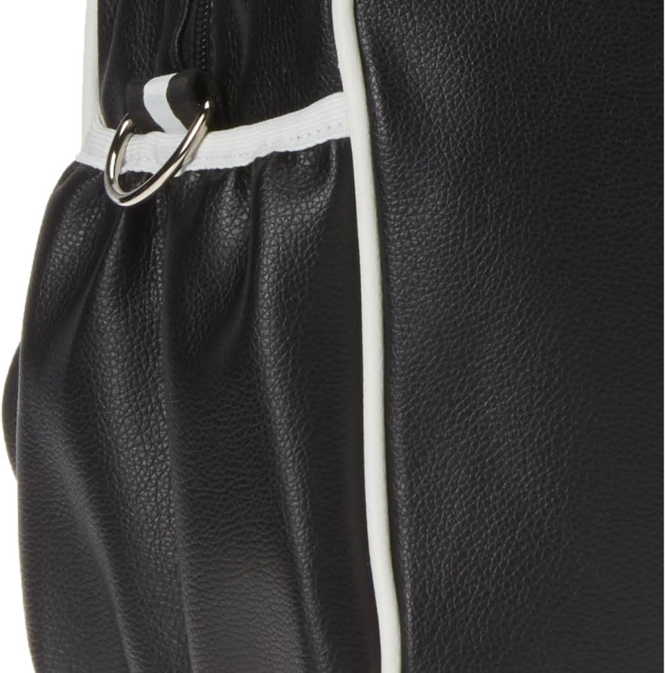 Introducing the SamLouise England 68 Pickleball Bag: a chic red bag crafted from eco-friendly vegan leather. It features zippered pockets and a shoulder strap adorned with white accents, all showcased against a pristine white background.