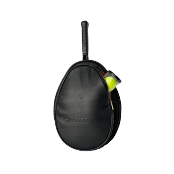 The sleek SamLouise West Side 72 Sling Backpack is black and oval-shaped, featuring a top handle with SamLouise embossed on the front. Made from vegan leather, it has a zippered pocket that includes a tube of tennis balls.