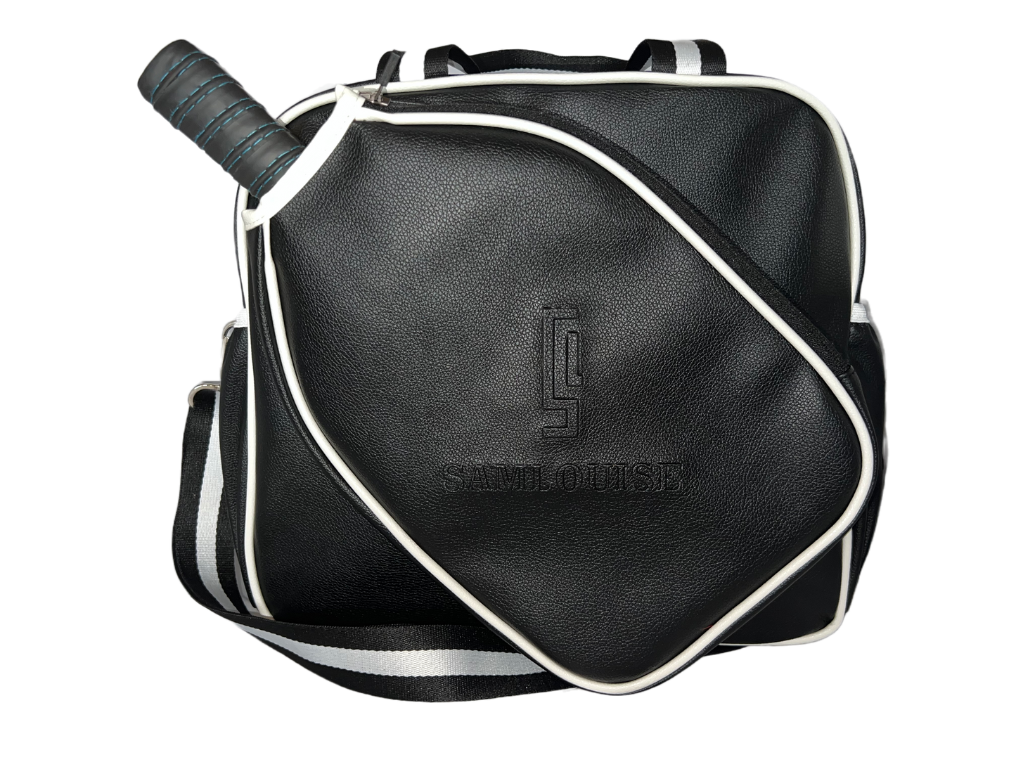 Introducing the SamLouise England 68 Pickleball Bag: a chic red bag crafted from eco-friendly vegan leather. It features zippered pockets and a shoulder strap adorned with white accents, all showcased against a pristine white background.