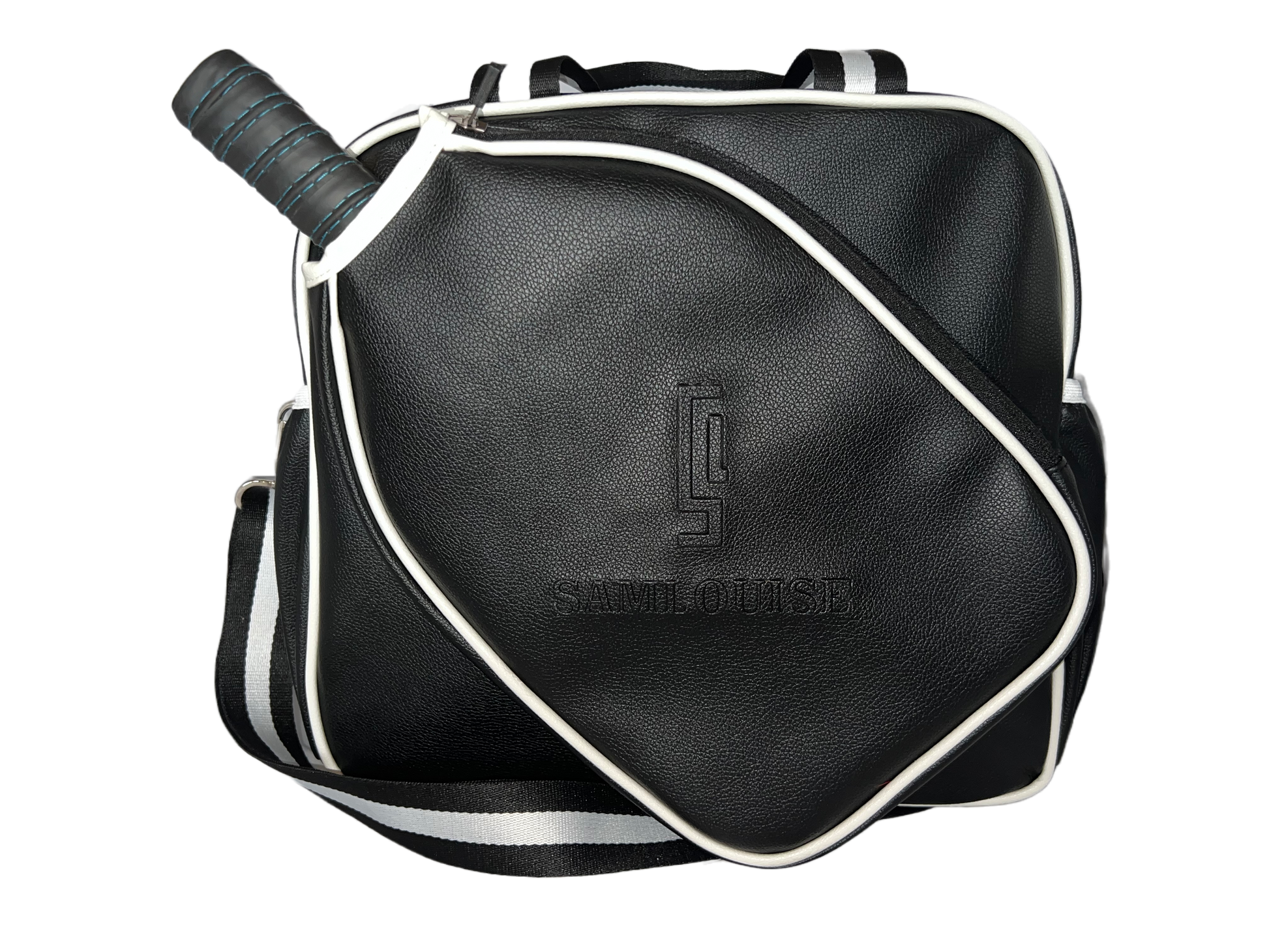 Introducing the SamLouise England 68 Pickleball Bag: a chic red bag crafted from eco-friendly vegan leather. It features zippered pockets and a shoulder strap adorned with white accents, all showcased against a pristine white background.